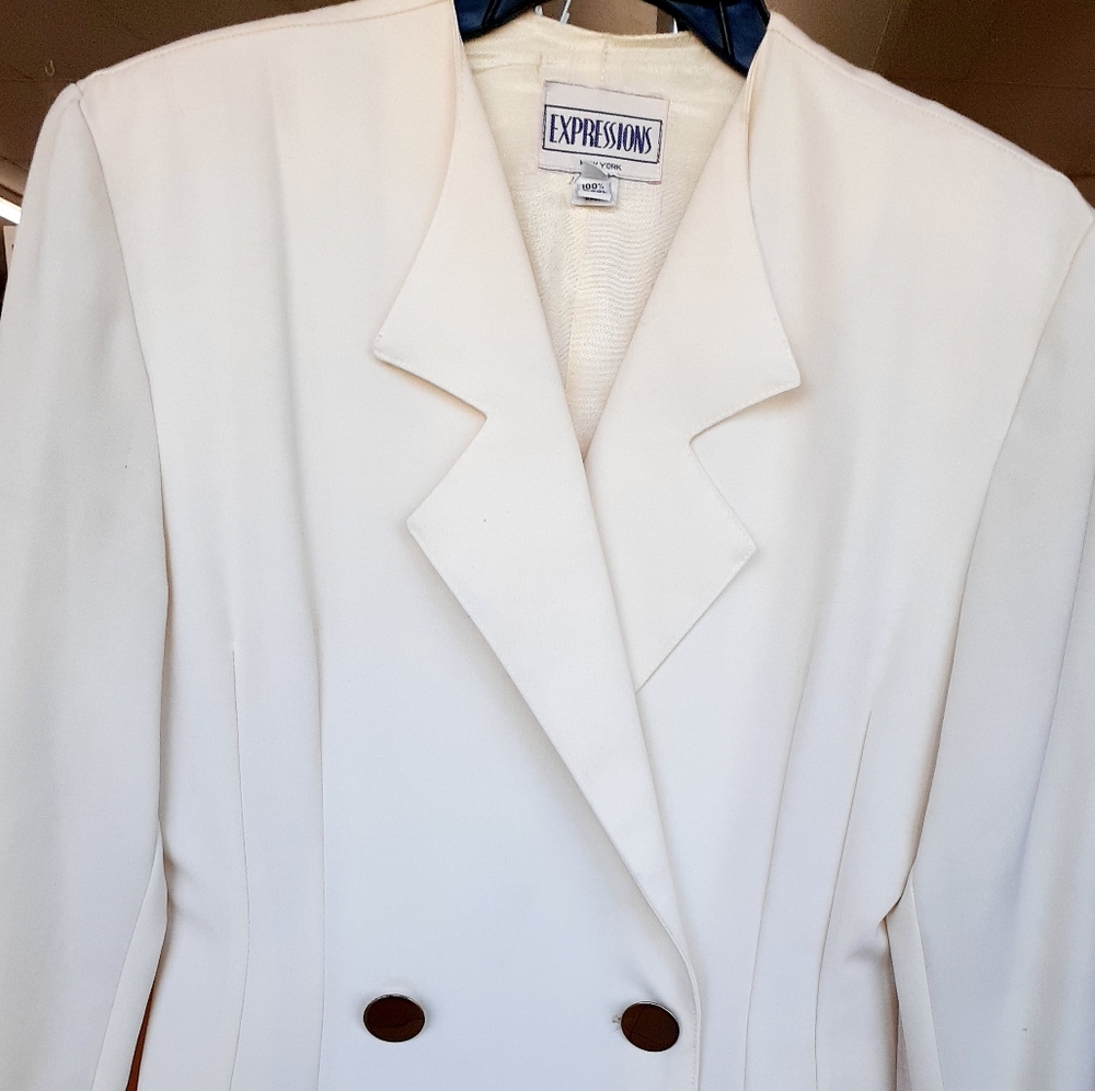 Vtg 100% Wool Cream Tuxedo Jacket DB Military Gold Button Coat DRESS sz 12 🥼 - Picture 10 of 14